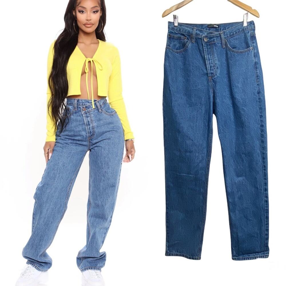 Fashion Nova Cross Over Button Front Straight Leg Jeans Size 9